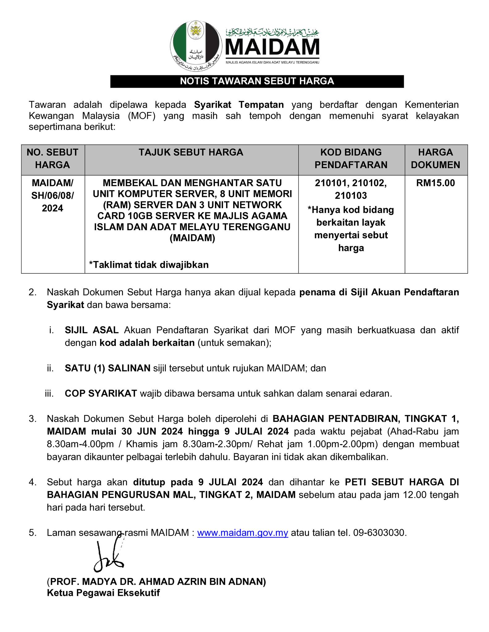 Notis Tawaran Sebut Harga Bagi Membekal Dan Menghantar Satu Unit Komputer Server