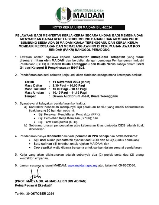 Pelawaan Bagi Menyertai Kerja Kerja Secara Undian Bagi Membina Dan Menyiapkan Garaj Kereta
