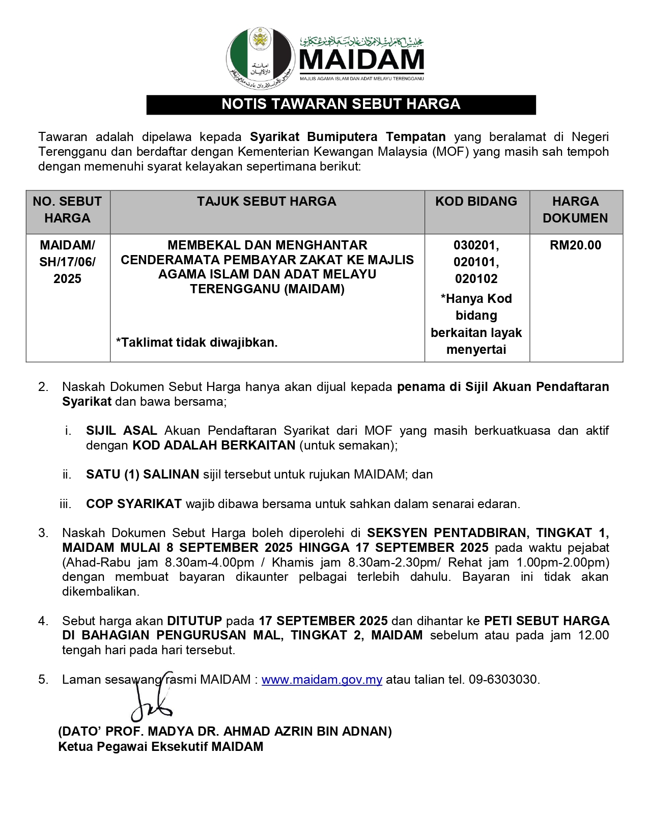 Notis Tawaran Sebut Harga Membekal Dan Menghantar Cenderamata